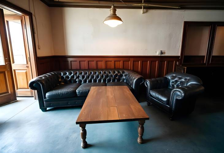 Classic Vintage Room with Leather Couch, Wooden Table, and Ambient Ceiling Light